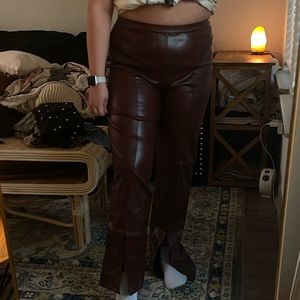 PRETTYLITTLETHING brown leather pants with boot cut out
